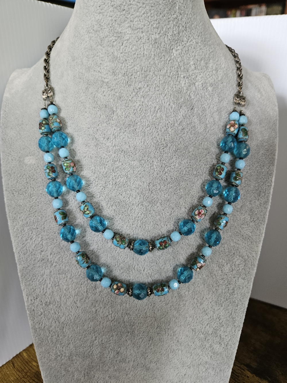 Beautiful Vintage Turquoise Art Glass And Cloisonne Bead Double Strand Necklace